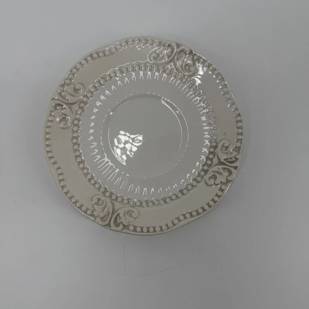 American Atelier Bianca Baroque Saucer‎ Plate Cream Embossed Scroll Beaded NEW